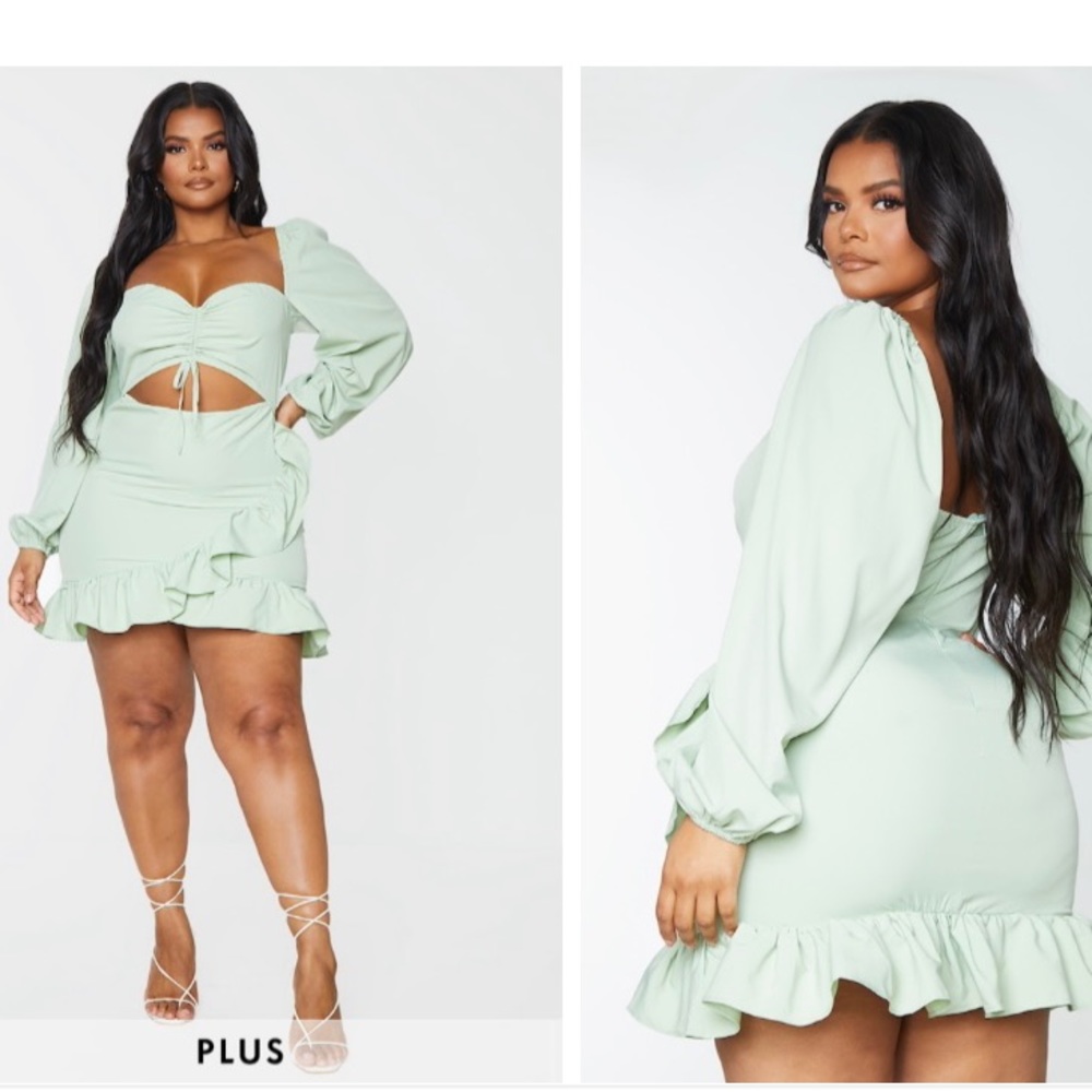 PrettyLittleThing Sage Green Puff Sleeve Wrap Mini Dress with Cut Out—Plus Size